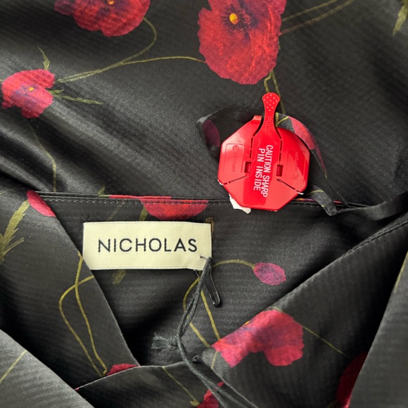 NICHOLAS Finley Silk Asymmetrical Draped Black Poppy Floral Midi Dress--4 - Picture 13 of 16